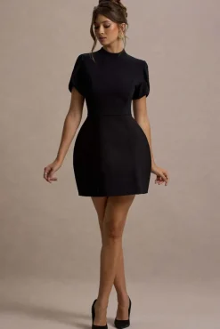 Carabella | Black High-Neck Short-Sleeve Mini Dress