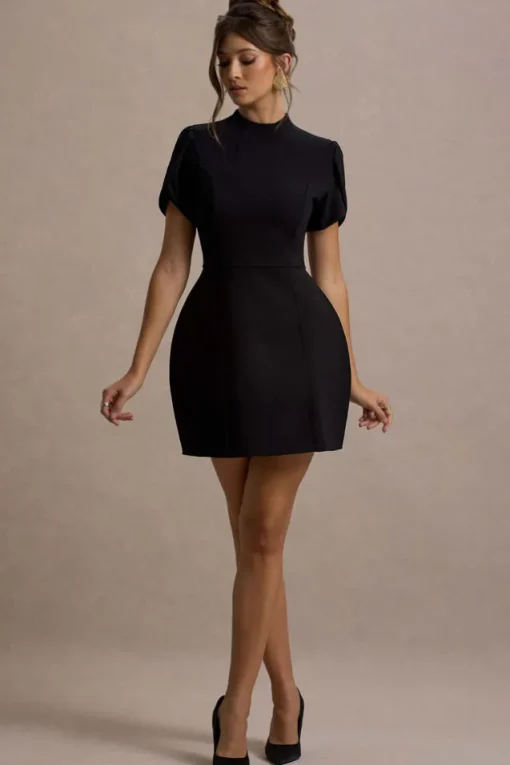Carabella | Black High-Neck Short-Sleeve Mini Dress