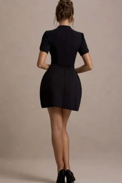 Carabella | Black High-Neck Short-Sleeve Mini Dress
