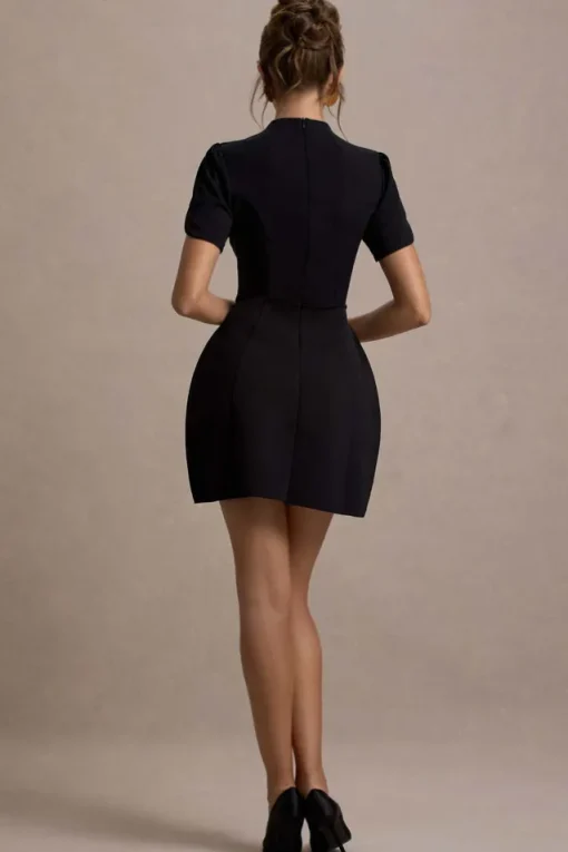 Carabella | Black High-Neck Short-Sleeve Mini Dress