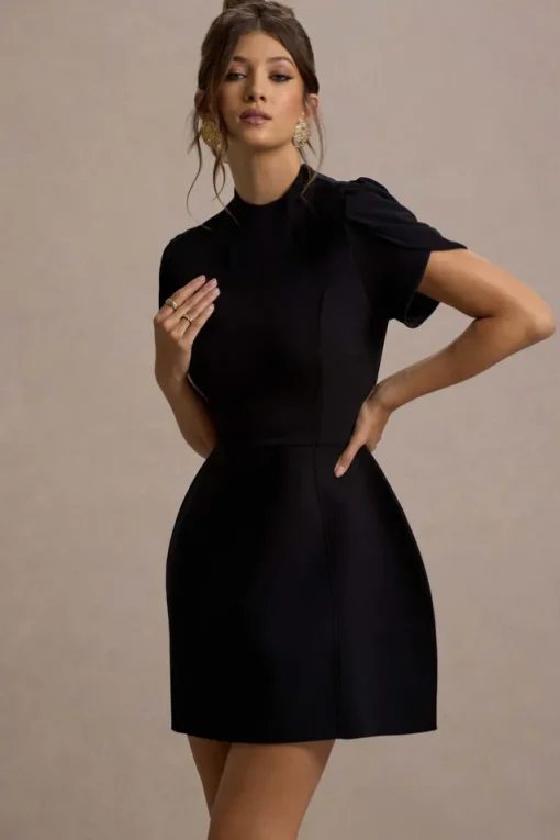 Carabella | Black High-Neck Short-Sleeve Mini Dress