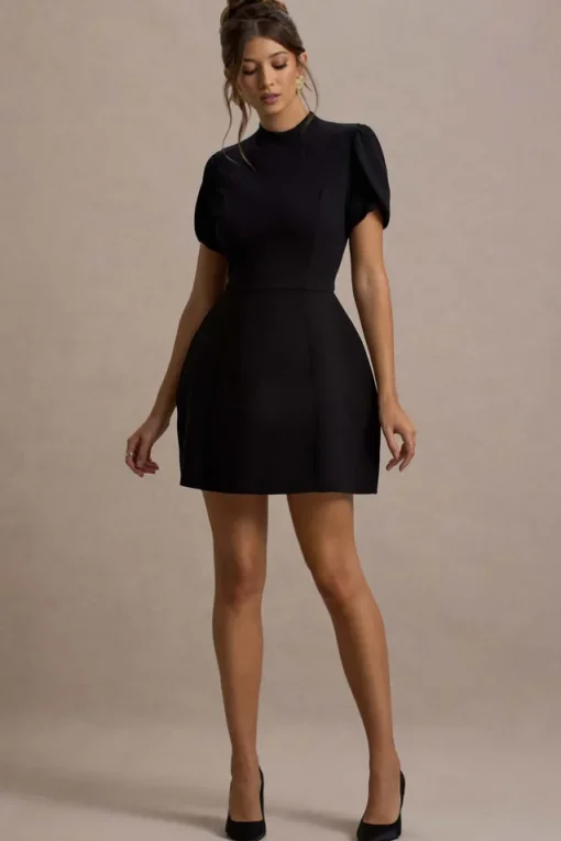 Carabella | Black High-Neck Short-Sleeve Mini Dress