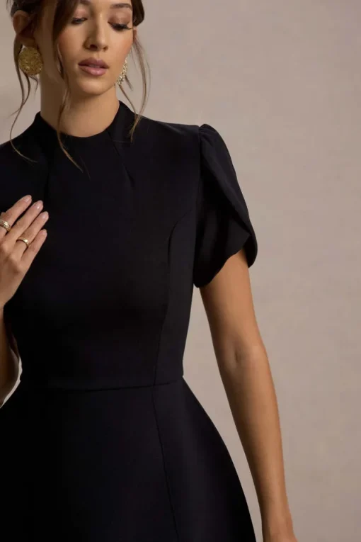 Carabella | Black High-Neck Short-Sleeve Mini Dress