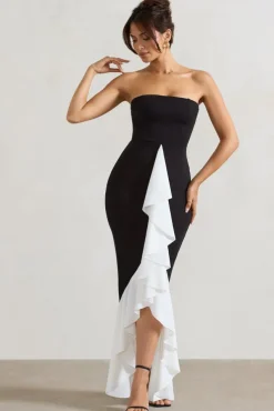 Carbonne | Black u0026 White Bandeau Ruffled Maxi Dress