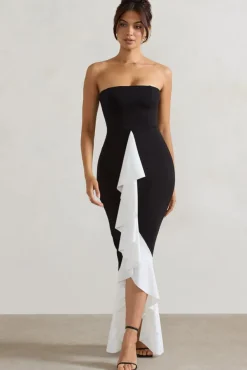 Carbonne | Black u0026 White Bandeau Ruffled Maxi Dress