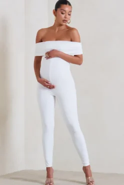 Carefully Crafted | White Maternity Bardot Fitted Jumpsuit