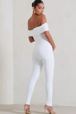 Carefully Crafted | White Maternity Bardot Fitted Jumpsuit
