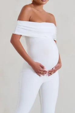 Carefully Crafted | White Maternity Bardot Fitted Jumpsuit
