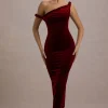 Carella | Berry Velvet Twisted Asymmetric Midi Dress