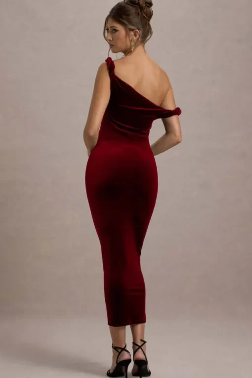 Carella | Berry Velvet Twisted Asymmetric Midi Dress