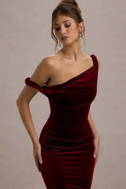 Carella | Berry Velvet Twisted Asymmetric Midi Dress
