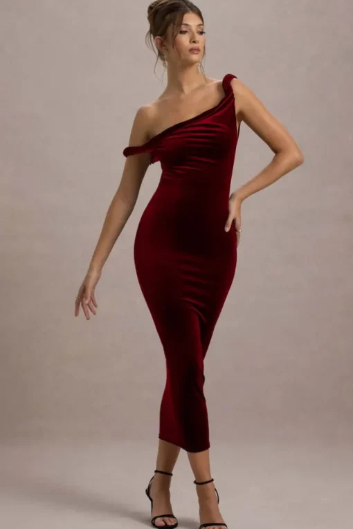 Carella | Berry Velvet Twisted Asymmetric Midi Dress