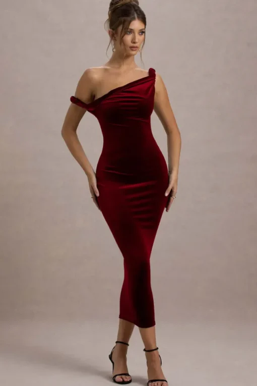 Carella | Berry Velvet Twisted Asymmetric Midi Dress