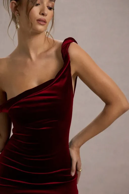 Carella | Berry Velvet Twisted Asymmetric Midi Dress