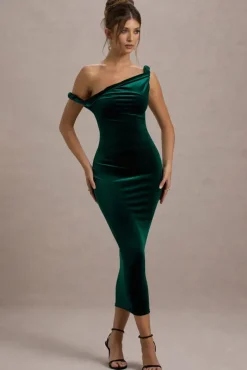 Carella | Bottle Green Velvet Twisted Asymmetric Midi Dress