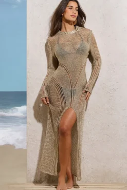 Caribbean | Gold Crochet Long-Sleeve Split Maxi Dress