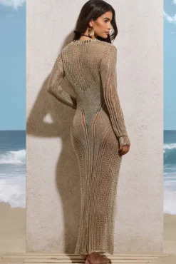 Caribbean | Gold Crochet Long-Sleeve Split Maxi Dress