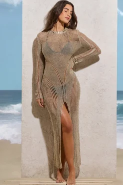 Caribbean | Gold Crochet Long-Sleeve Split Maxi Dress