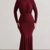 Carla | Berry High-Neck Maxi Dress With Draped Hem