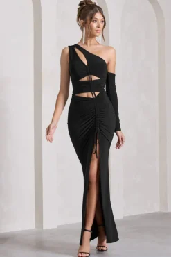 Carlina | Black Ruched One Shoulder Cut-Out Split Maxi Dress