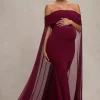 Carlotta | Berry Bardot Maternity Maxi Dress With Chiffon Cape