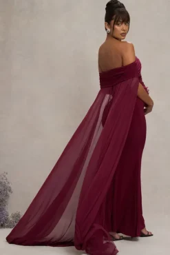 Carlotta | Berry Bardot Maternity Maxi Dress With Chiffon Cape