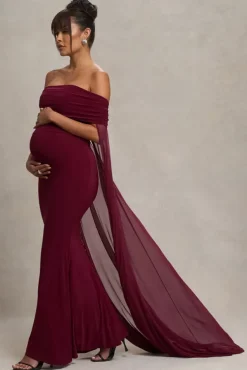 Carlotta | Berry Bardot Maternity Maxi Dress With Chiffon Cape