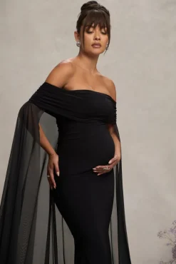 Carlotta | Black Bardot Maternity Maxi Dress With Chiffon Cape