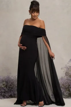 Carlotta | Black Bardot Maternity Maxi Dress With Chiffon Cape