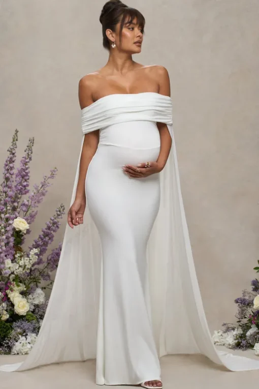 Carlotta | White Bardot Maternity Maxi Dress With Chiffon Cape