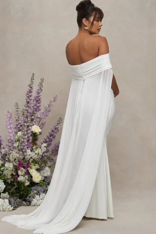 Carlotta | White Bardot Maternity Maxi Dress With Chiffon Cape