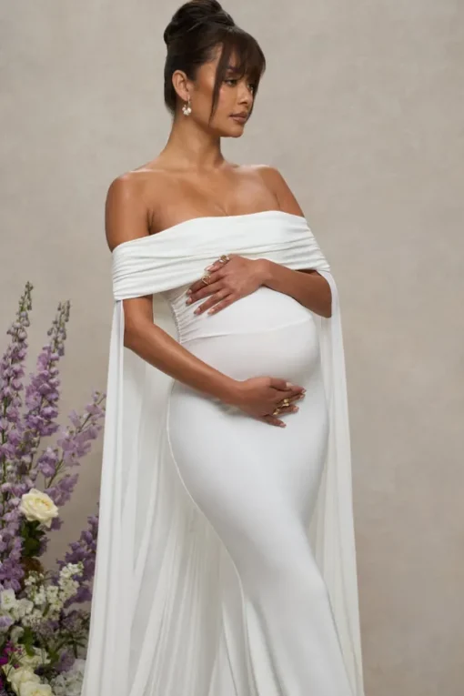 Carlotta | White Bardot Maternity Maxi Dress With Chiffon Cape