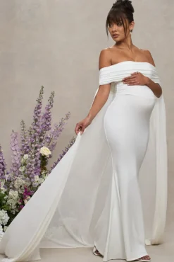 Carlotta | White Bardot Maternity Maxi Dress With Chiffon Cape