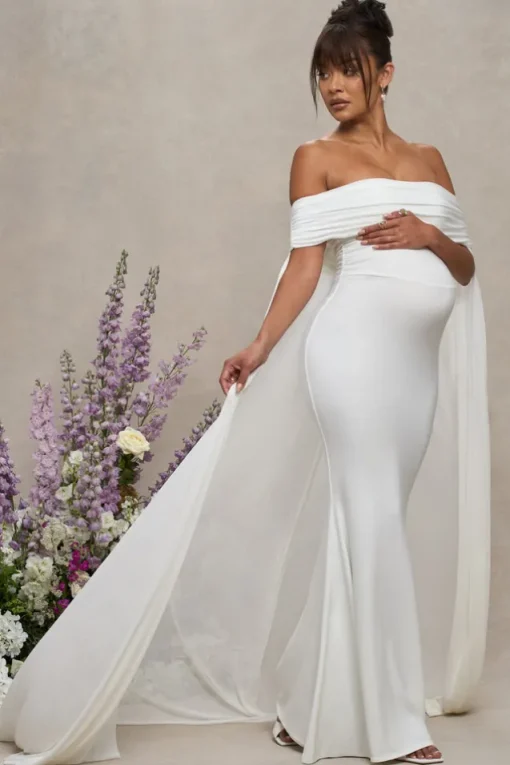 Carlotta | White Bardot Maternity Maxi Dress With Chiffon Cape