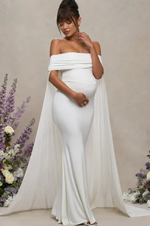 Carlotta | White Bardot Maternity Maxi Dress With Chiffon Cape