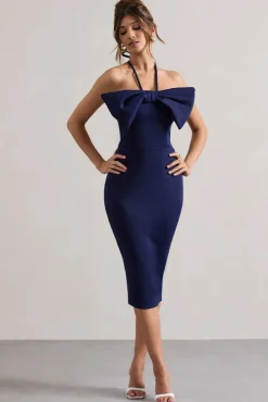 Carly | Navy Halter-Neck Midi Dress With Bow