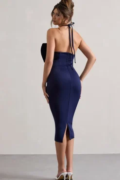 Carly | Navy Halter-Neck Midi Dress With Bow