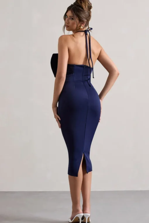 Carly | Navy Halter-Neck Midi Dress With Bow