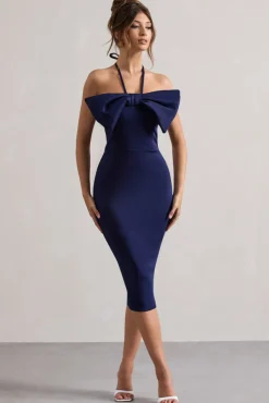 Carly | Navy Halter-Neck Midi Dress With Bow