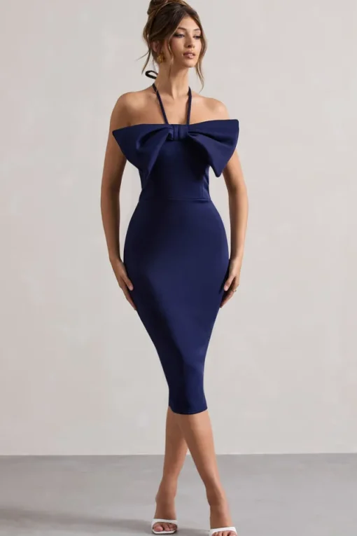Carly | Navy Halter-Neck Midi Dress With Bow