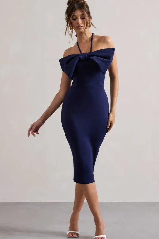 Carly | Navy Halter-Neck Midi Dress With Bow