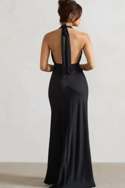Carolyn | Black Satin Plunge Maxi Dress With Dipped Hem