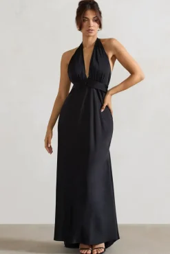 Carolyn | Black Satin Plunge Maxi Dress With Dipped Hem