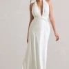 Carolyn | Ivory Satin Plunge Maxi Dress With Dipped Hem