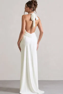 Carolyn | Ivory Satin Plunge Maxi Dress With Dipped Hem