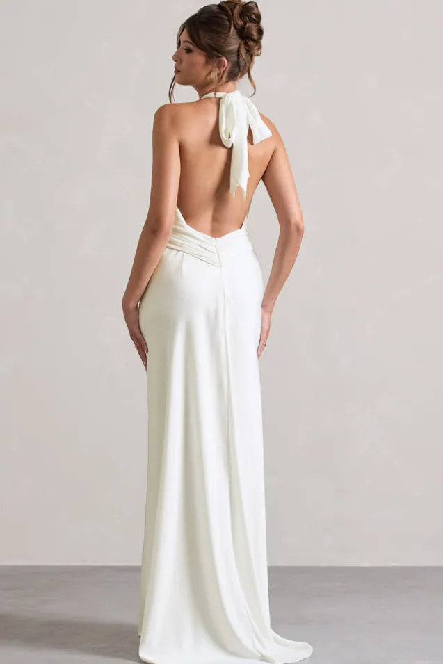 Carolyn | Ivory Satin Plunge Maxi Dress With Dipped Hem