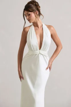 Carolyn | Ivory Satin Plunge Maxi Dress With Dipped Hem
