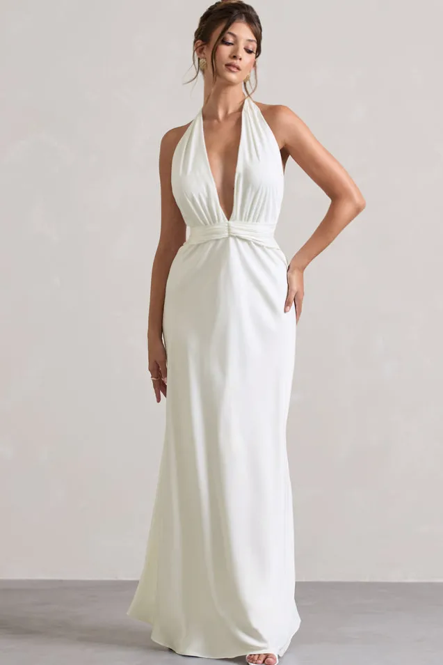 Carolyn | Ivory Satin Plunge Maxi Dress With Dipped Hem