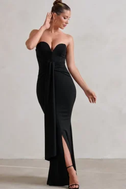 Carrie | Black Sweetheart Neckline Maxi Dress With Statement Tie