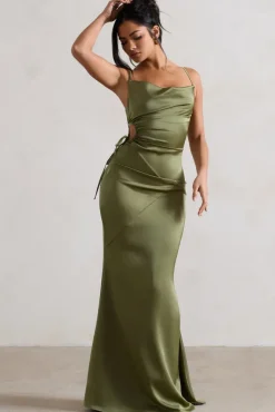 Carter | Olive Green Satin Cowl-Neck Maxi Dress With Cut-Out